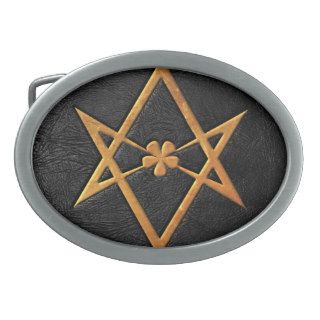 Golden Thelemic Unicursal Hexagram Black Leather Oval Belt Buckle