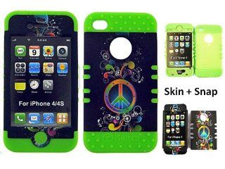 Case Cover Hybrid For Apple iPhone 4G 4S Hard Lime Green Skin+Rainbow Peace Snap Cell Phones & Accessories
