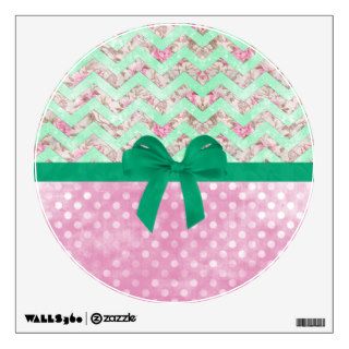 Mod Mint Green Ribbon Bow, Chevron Pink Polka Dots Wall Decal