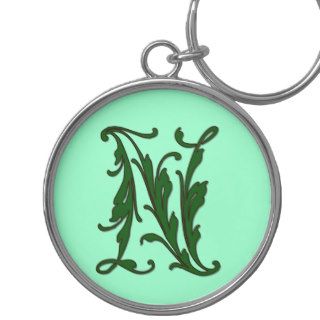Letter N Monogram in Green Leafy Font Key Chains