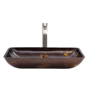 Vigo Rectangular Glass Vessel Sink in Brown and Gold Fusion and Otis Faucet Set in Brushed Nickel VGT309
