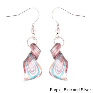 Murano Inspired Glass Purple, Blue and Silver Twist Earrings Earrings