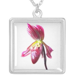 Purple slipper orchid flower against white back necklace