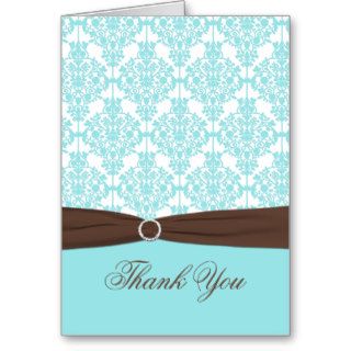 Aqua Blue, Brown, White Damask Thank You Card