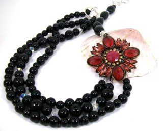 Black Onyx with Vintage Red Crystal Broach, Semi Precious Stone Multi Strand Necklace Jewelry Chunky Onyx Necklace Jewelry