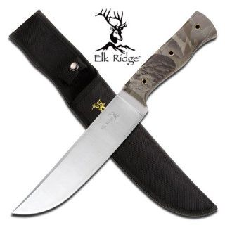 ER 271CA. 15" Overall Elk Ridge Butcher Hunting Knife   Camo Wooden Handle Elk Ridge Knife Features 15" Overall length. 440 Stainless steel Razor Sharp blade. Heavy duty knife. Camo Coated Wooden handle. Elk Ridge logo on blade and sheath. Inclu