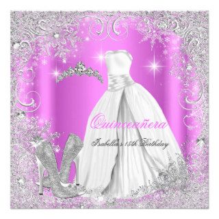 Quinceanera Party Pink Silver Winter Snowflakes Custom Invites