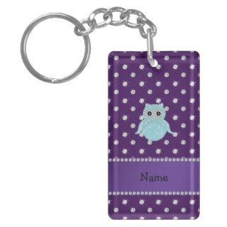 Personalized name bling owl diamonds purple diamon rectangular acrylic keychain