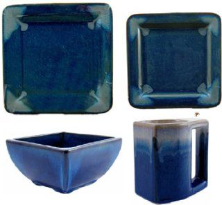 PRADO & PADILLA STONEWARE COLLECTION   16 Piece (4 Person) Perfectly Square Dinnerware Place Setting   Royal Blue Kitchen & Dining