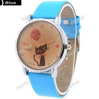Cat Pattern Quartz Analog Watch Wristwatch Timepiece w/ Rhinestones for Girls Women   Blue SWWM5 238147 Watches