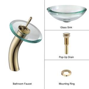 KRAUS 34mm Edge Glass Bathroom Sink in Clear with Single Hole 1 Handle Low Arc Waterfall Faucet in Gold C GV 150 19mm 10G