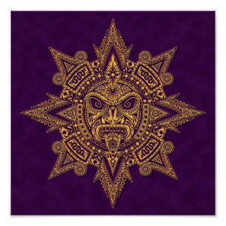 Aztec Sun Mask Golden Purple Posters