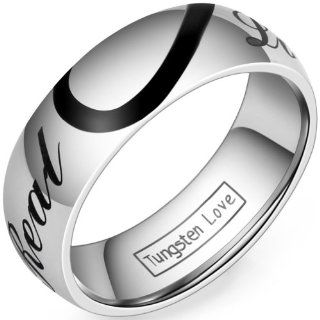 JewelryWe Lover's Matching Heart Tungsten Carbide Mens Ladies Promise Ring "Real Love" Couple Engagement Wedding Bands (8mm) Jewelry