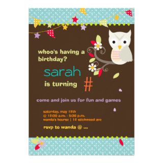 Aqua/Chocolate Owl Personalized Birthday Party Custom Invites