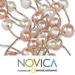 'Web of Beauty' Pink White Freshwater Pearl Choker (4 mm) (Thailand) Novica Necklaces