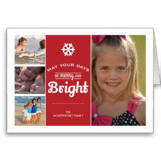 May Days Merry Bright Christmas Photo Collage Red Greeting Cards