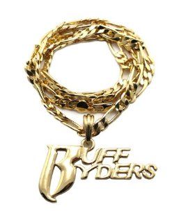 Hip Hop Shiny Gold Ruff Ryders Spelled Word Pendant Figaro Chain Necklace MSP336G Jewelry