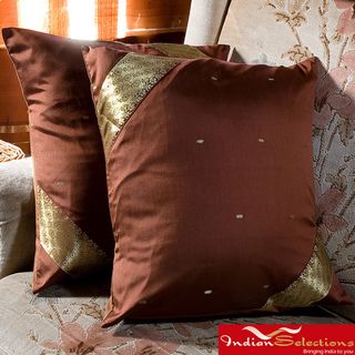 Set of Two Sari Fabric Brown Decorative Pillow Covers (India) Throw Pillows & Covers