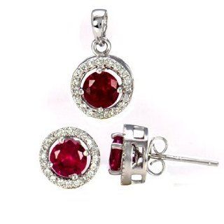 Sterling Silver Ruby Color Earrings & Pendant Set Jewelry