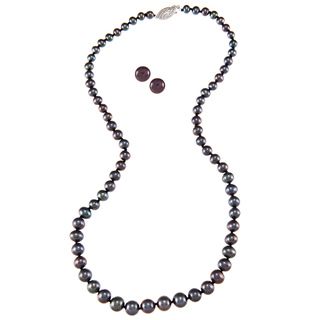 DaVonna Silver Black FW Pearl Graduated Necklace and Earrings Set (4 8 mm) DaVonna Jewelry Sets