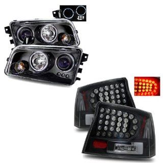 06 08 Dodge Charger Black LED Halo Projector Headlights + LED Tail Lights Combo Automotive
