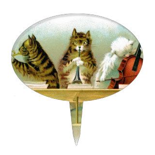 Three Vintage Cats Playing Musical Instruments Cake Picks