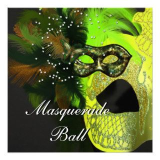 Yellow Green Black Masks Masquerade Ball Party Personalized Invitation