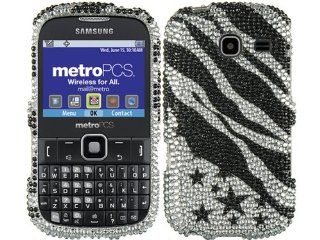 Silver White Back Zebra Stars Bling Rhinestone Diamond Crystal Faceplate Hard Skin Case Cover for Samsung Freeform 3 SCH R380 w/ Free Pouch Cell Phones & Accessories
