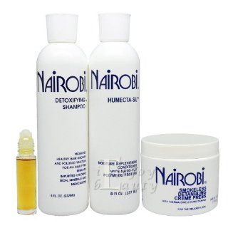 Nairobi Detoxifying Shampoo, Humecta Sil Conditioner 8oz, Smokeless Detangling Creme Press 4oz 'SET' (Free Roll on Body Oil) Beauty
