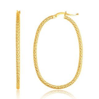14K Yellow Gold Textured Large Oval Hoop Earrings Jewelry