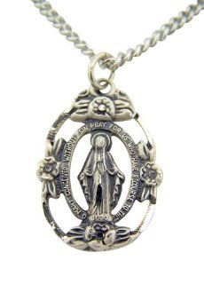 Sterling Silver 13/16 Inch Flower Edge Miraculous Medal Pendant Pendant Necklaces Jewelry
