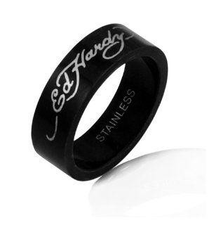 Ed Hardy Black Stainless Steel Silver Script Logo Band Ring Jewelry