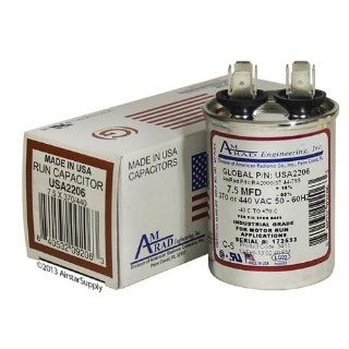 7.5 uf / Mfd Round Universal Capacitor • AmRad USA2206   used for 370 or 440 VAC, Made in the U.S.A.