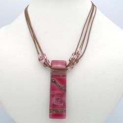 Cotton and Strawberry Fused Glass Rectangle Necklace (Chile) Global Crafts Necklaces