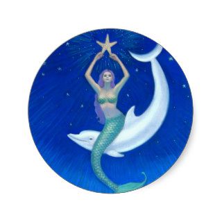 Dolphin Moon Mermaid Round Sticker