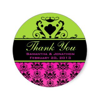 Hot Pink & Black Damask w/ Green Wedding Labels Sticker