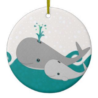 Cute Grey Baby Whale on the Waves Cartoon Christmas Tree Ornaments