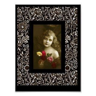 Vintage Art Poster Girl Roses Ornate Frame