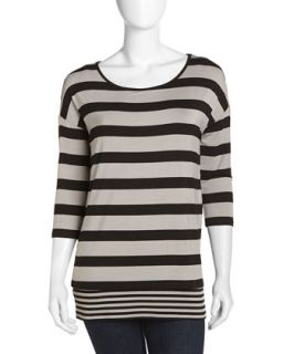 3/4 Sleeve Striped Stretch Knit Tunic, Black/Gray