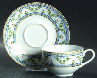 Raynaud Heloise Flat Cup & Saucer Set, Fine China Dinnerware   Blue Flowers, Gre