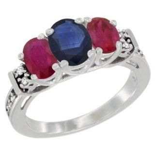 10K White Gold Natural Blue Sapphire & Enhanced Ruby Ring 3 Stone Oval Diamond Accent Jewelry