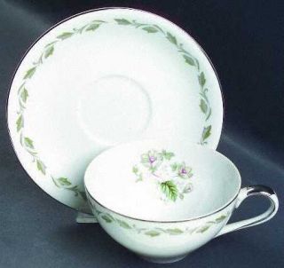 Flair Irene Flat Cup & Saucer Set, Fine China Dinnerware   White/Pink Floral Cen