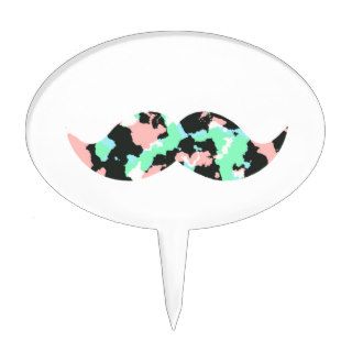 Funny Mustache Pink Teal Abstract Camo Pattern Cake Topper