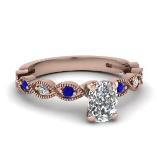 Milgrain Engagement Ring 1.25 Ct Cushion Cut SI1 H Diamond & Round Blue Sapphire 14K GIA Jewelry