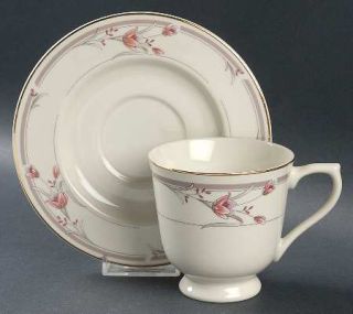 Sango Heather Footed Cup & Saucer Set, Fine China Dinnerware   Taupe Band,Pink F
