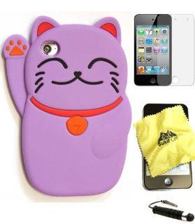 Bukit Cell � PURPLE 3D CUTE LUCKY CAT Soft Silicone Skin Case Cover for iPod Touch 4 4G 4th Generation + BUKIT CELL Trademark Lint Cleaning Cloth + Screen Protector + METALLIC Touch Screen STYLUS PEN with Anti Dust Plug [bundle   4 items case, cloth, styl