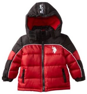 U.S. Polo Association Baby Boys Infant Bubble Jacket with Honeycomb Faille Shell, Barn Red/Black/White, 18 Months Clothing