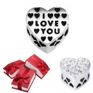 I Love You Heart Charm Bead with Cz 925 Sterling Silver Fits Pandora Bracelet Jewelry