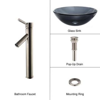 KRAUS Glass Vessel Sink in Clear Black with Single Hole 1 Handle Low Arc Sheven Faucet in Satin Nickel C GV 104 12mm 1002SN