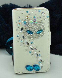 Shining Gold ZJX(TM) Bling Rhinestone Blue Eye Fox White Leather Flip Wallet Case for Samsung Galaxy S3 I9300 Cell Phones & Accessories